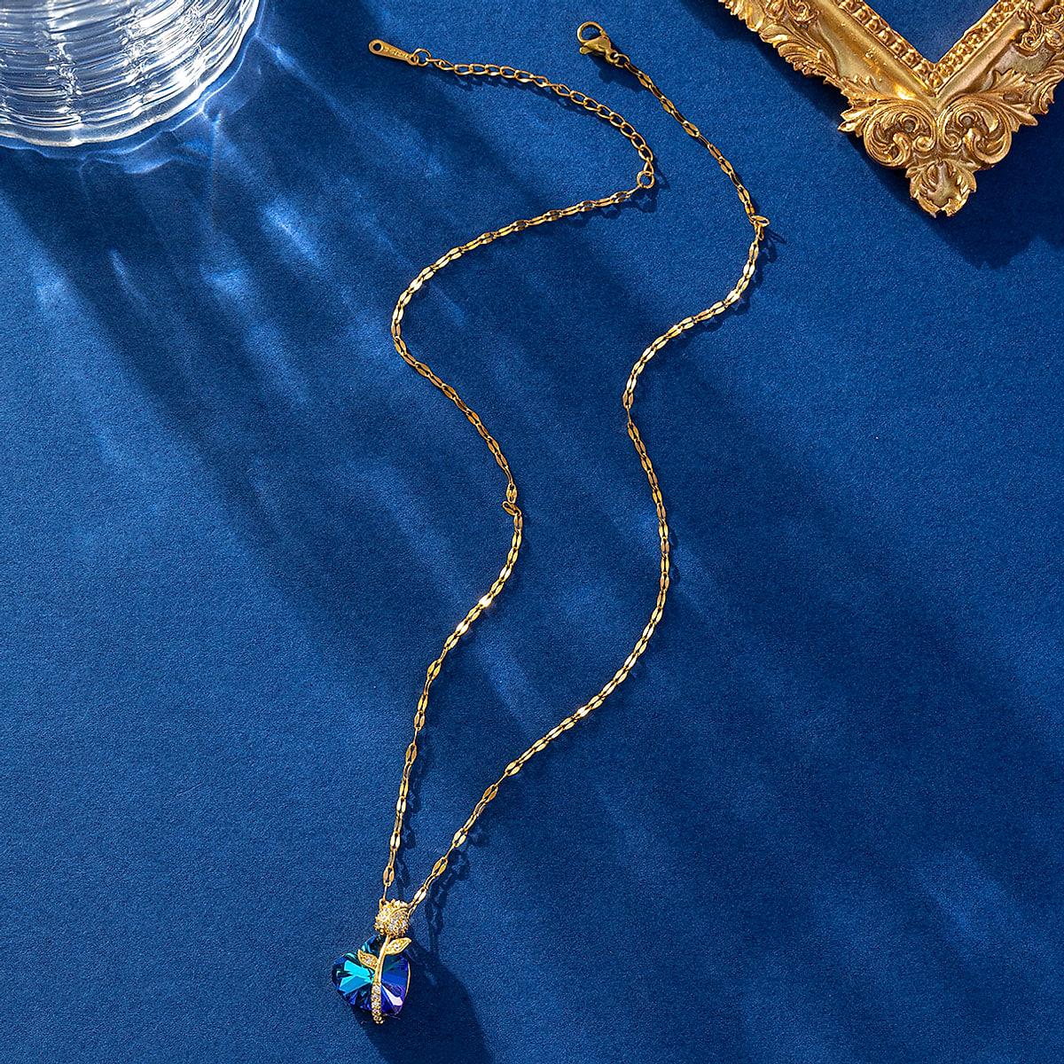 Halsband med blått hjärta i konstgjord kristall – guldfärgat