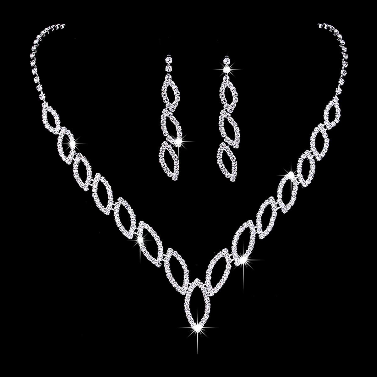 Brudsmycken med strass – halsband och örhängen, silverpläterade