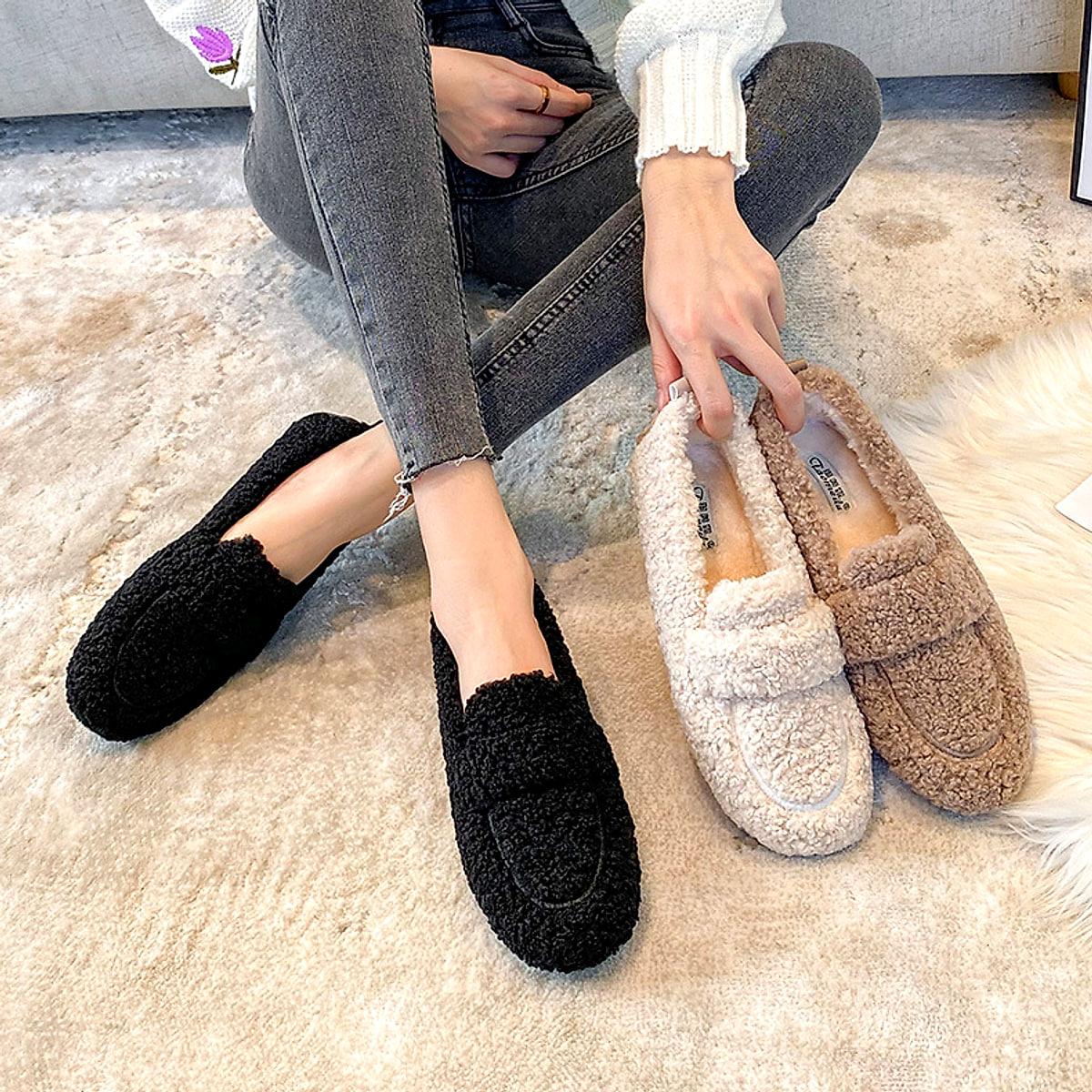 Varma platta skor i lammull – slip-on, dam