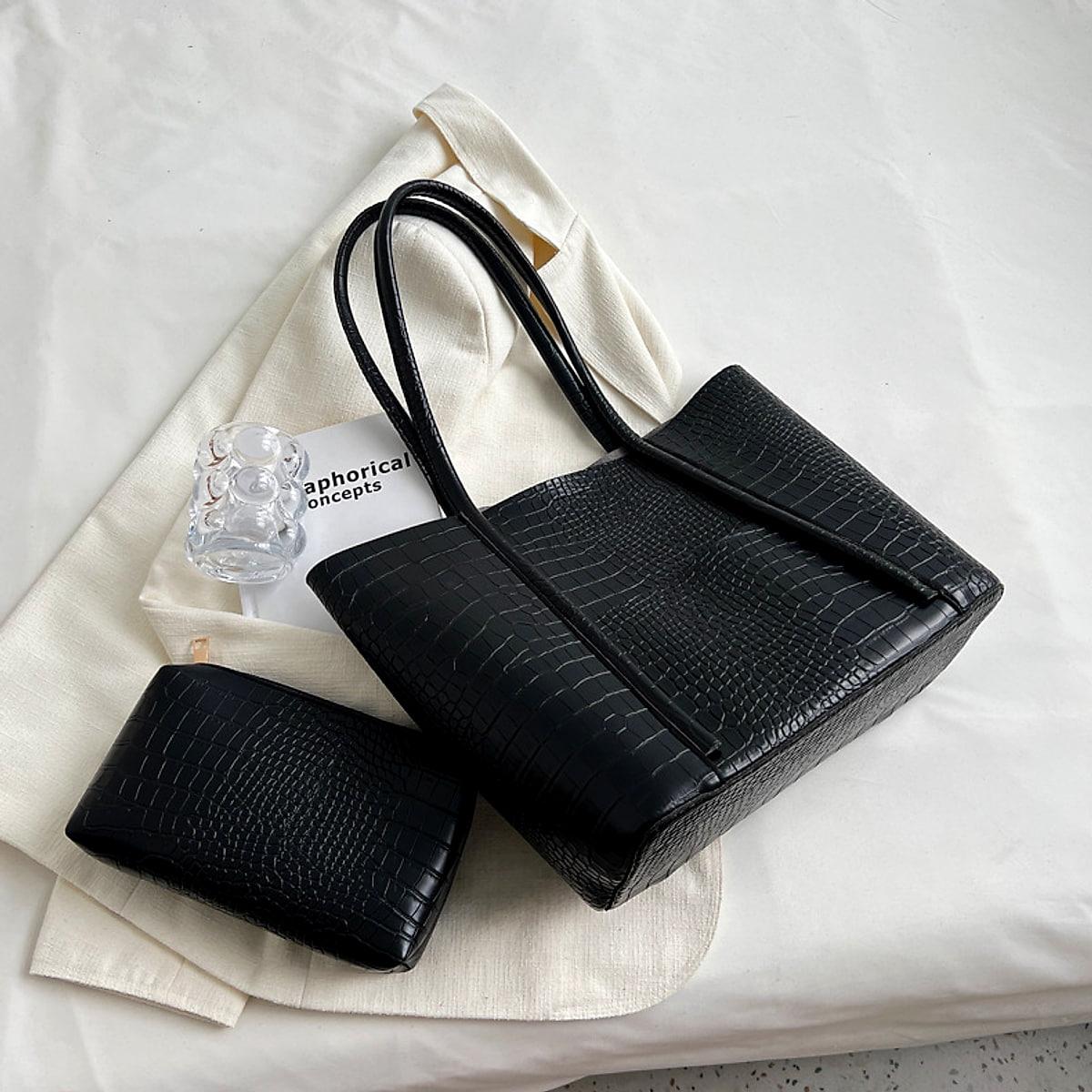 Stor tote i präglat konstläder – 38 × 28 × 13 cm