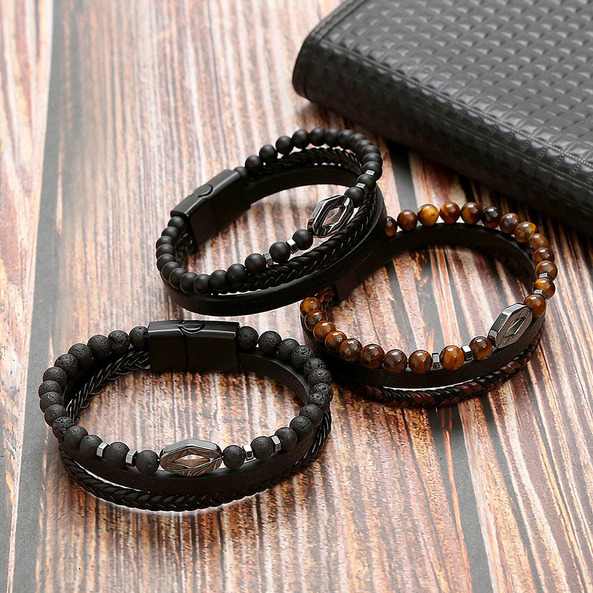 Armband med natursten och rostfritt stål – tigeröga, obsidian eller lavasten
