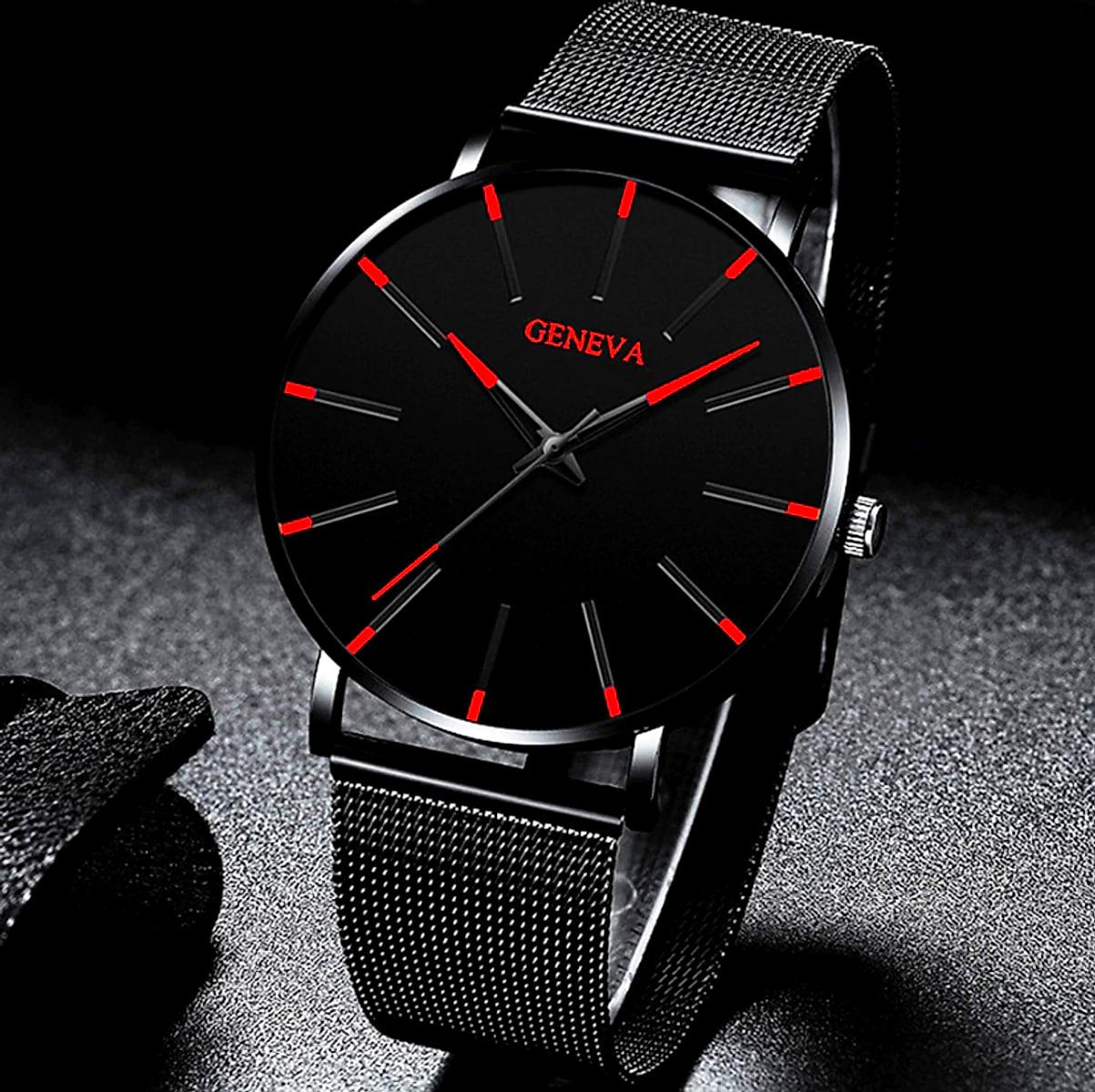 Herrklocka med armband i metallnät eller läderlook – 40 mm