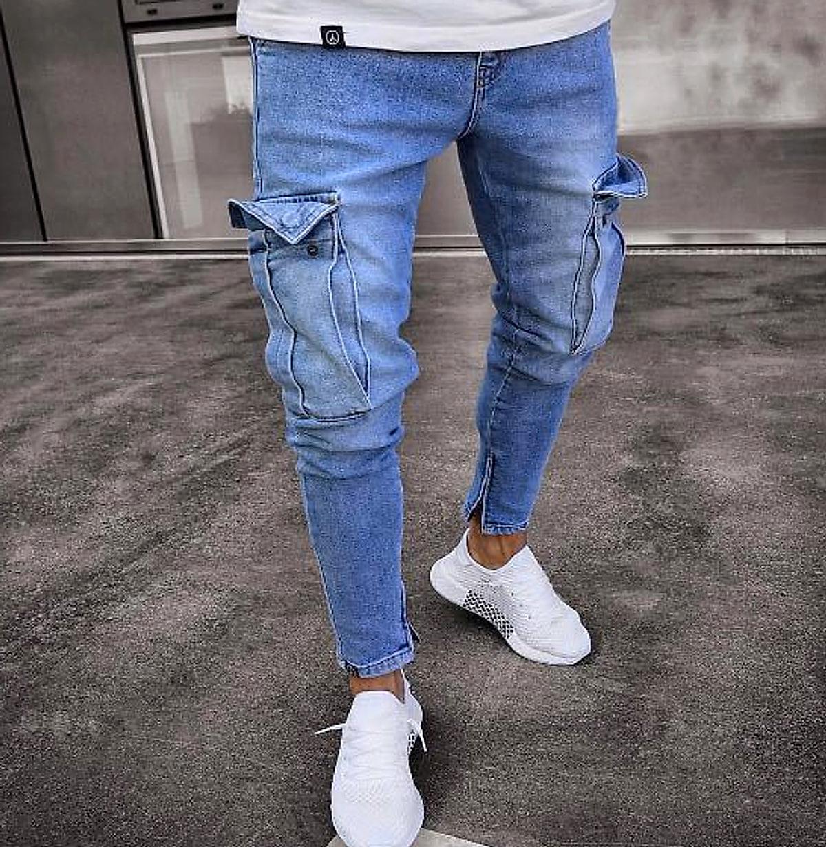 Slitna jeans med cargofickor för herr