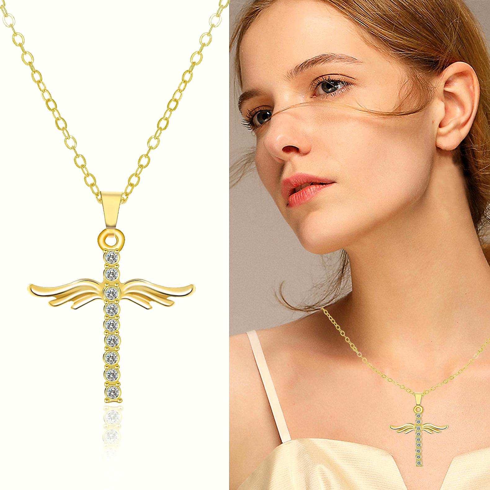 Halsband med kors och änglavingar – guld- eller silverfärgat