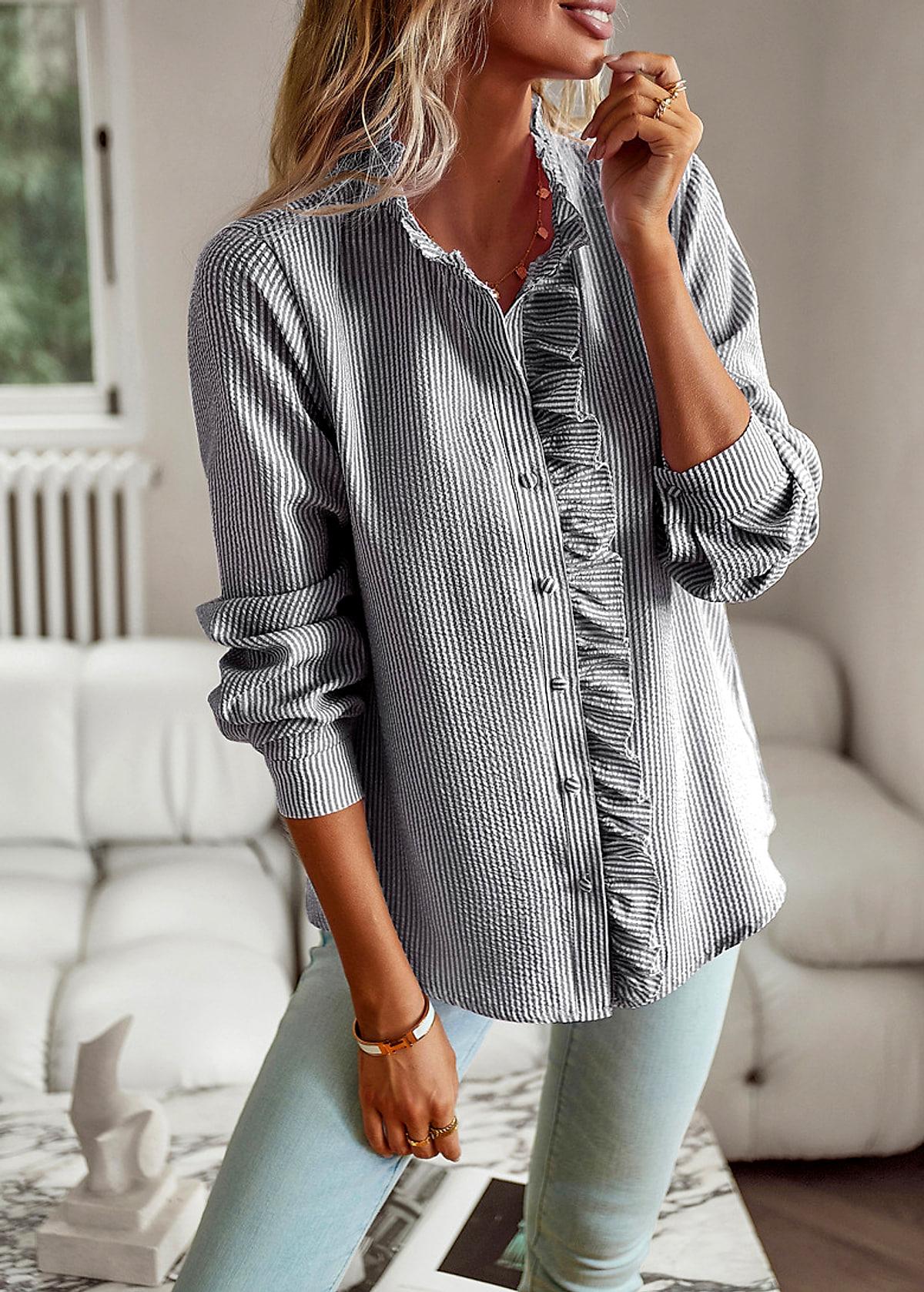 Randig blus med volang och knappar – dam
