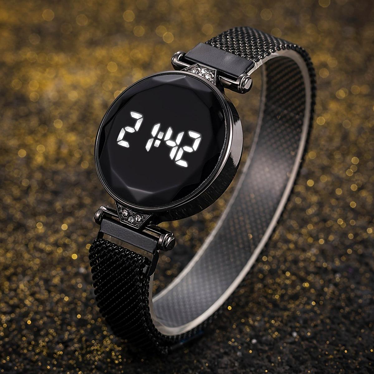 Digital damklocka med LED-display och armband i metallnät