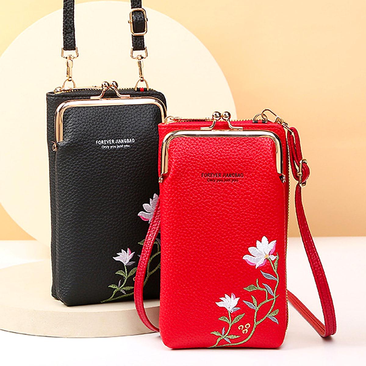 Mobilväska med broderade blommor och lås – crossbody