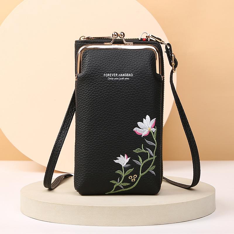 Mobilväska med broderade blommor och lås – crossbody