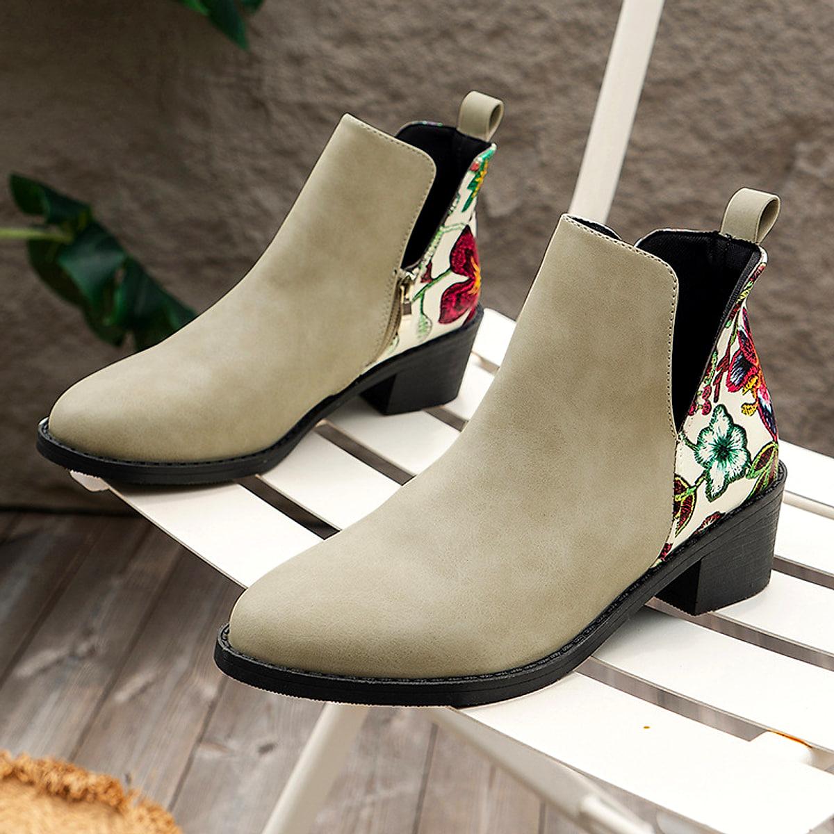 Ankelboots med blommönster, blockklack och dragkedja – dam