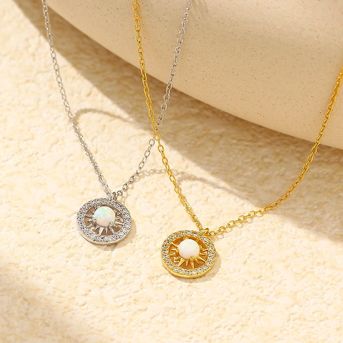 Halsband i 925 silver med måne, sol och opal – vitguld- eller guldfärgat