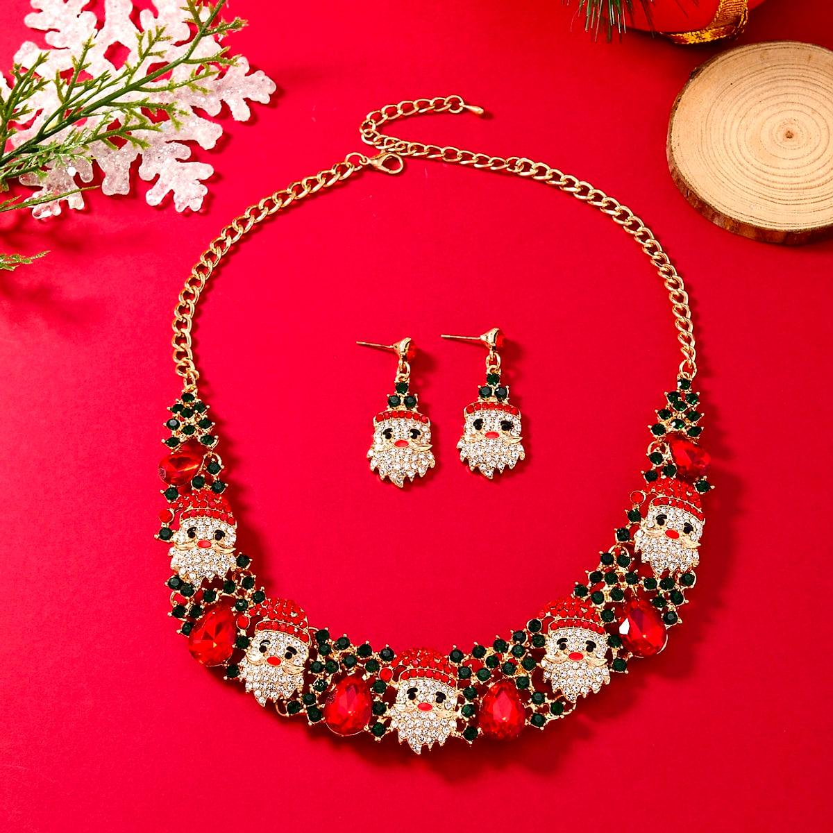 Julsmycken med tomtar och färgade strass – halsband och örhängen
