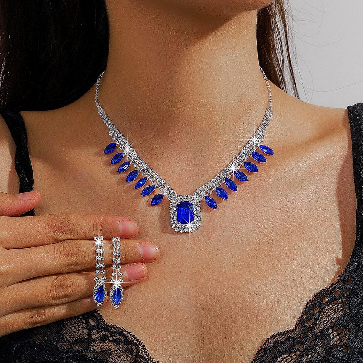 Smyckesset med blå strass – halsband och örhängen för fest
