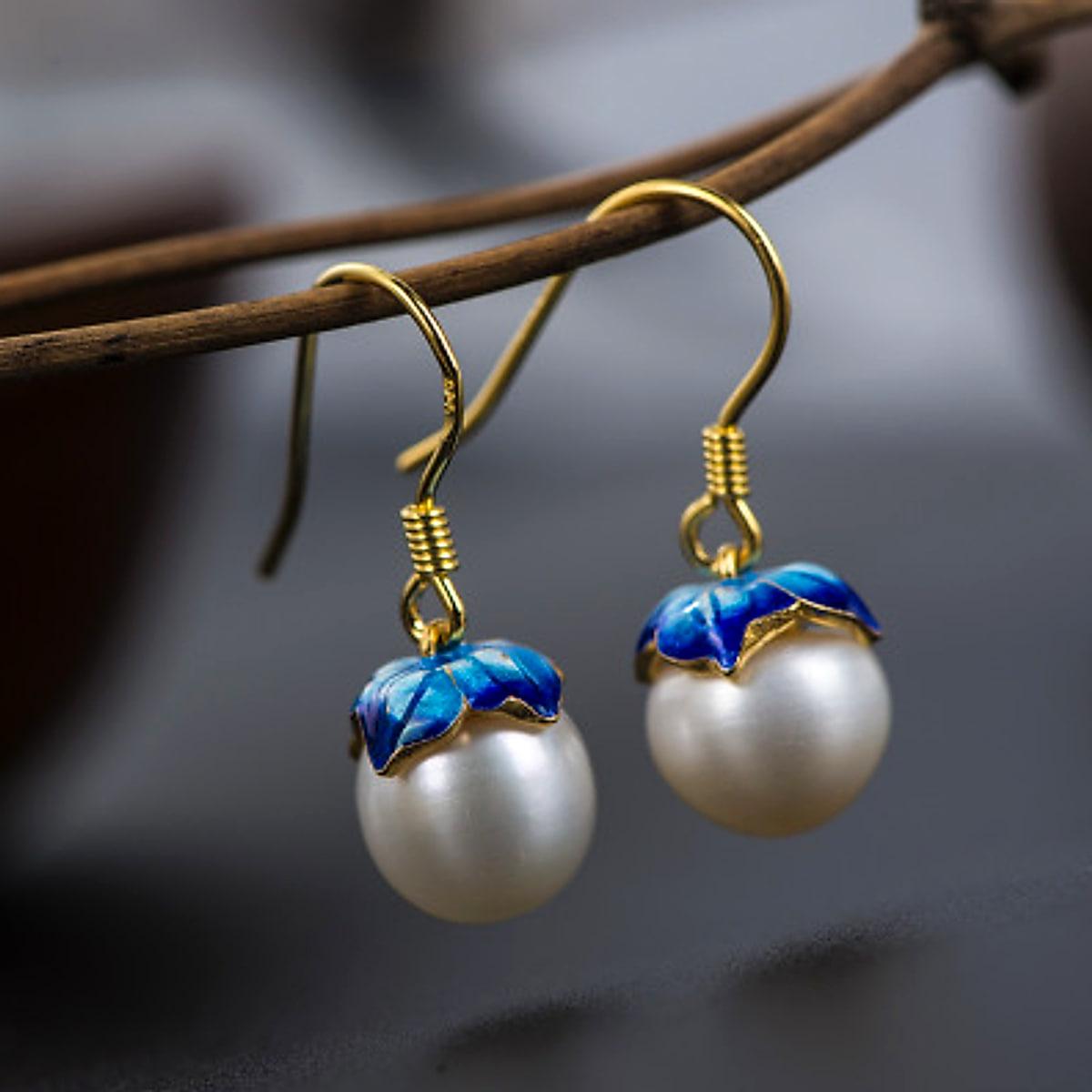 Örhängen med pärla och cloisonné i 925 silver – vintagestil
