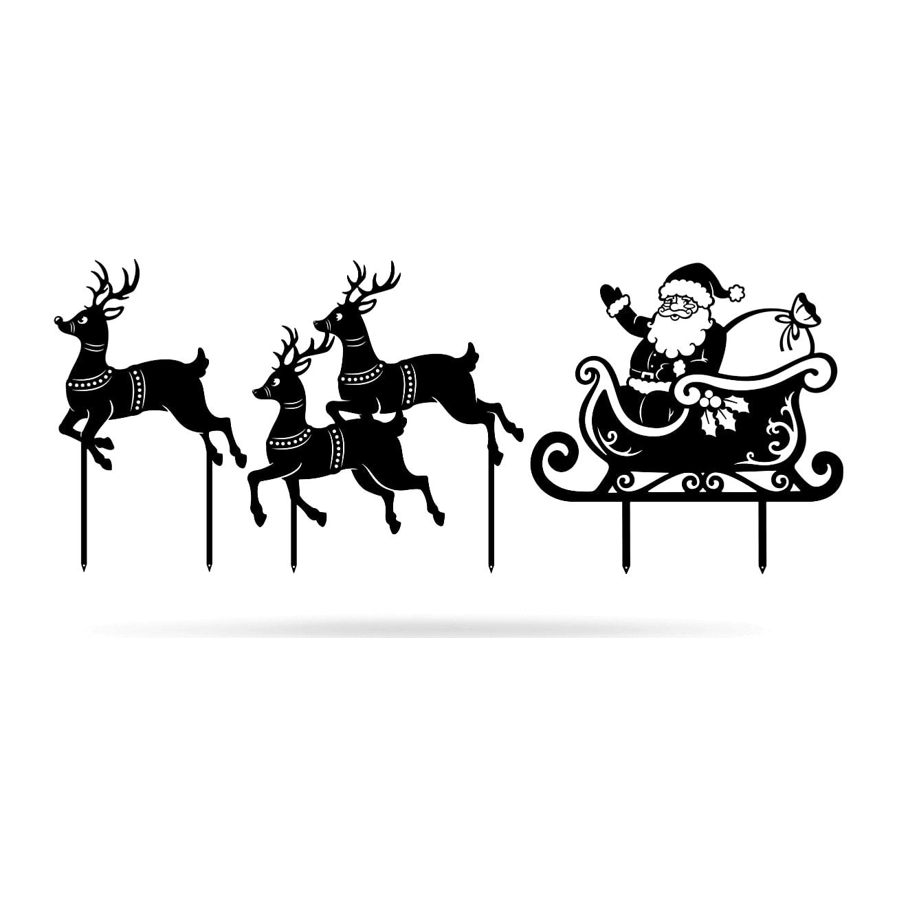 Julsiluetter i metall med markspett – två renar och tomte