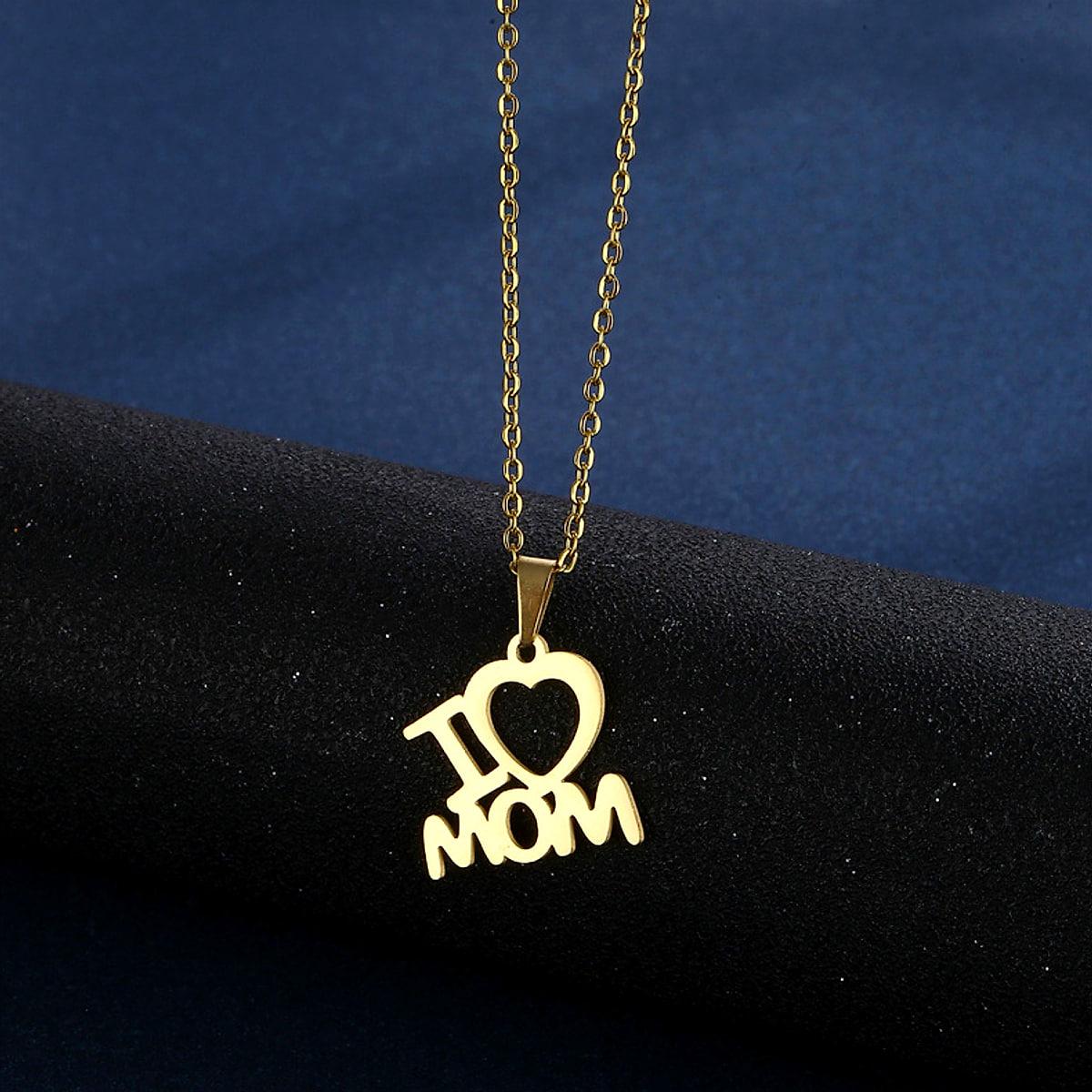 Halsband och örhängen med texten I love Mom – guldfärgade